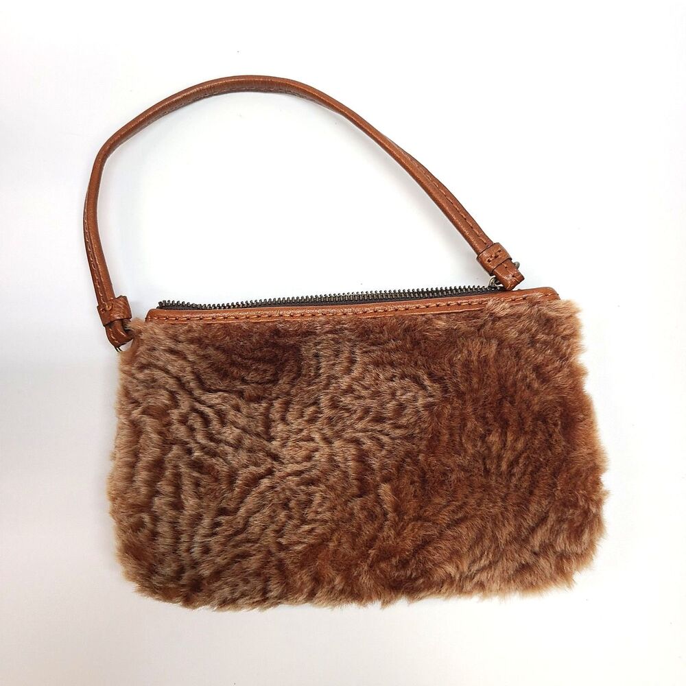 Patricia Nash Brown Leather Shearling Fur Wristlet Pouch Zip Clutch Handbag